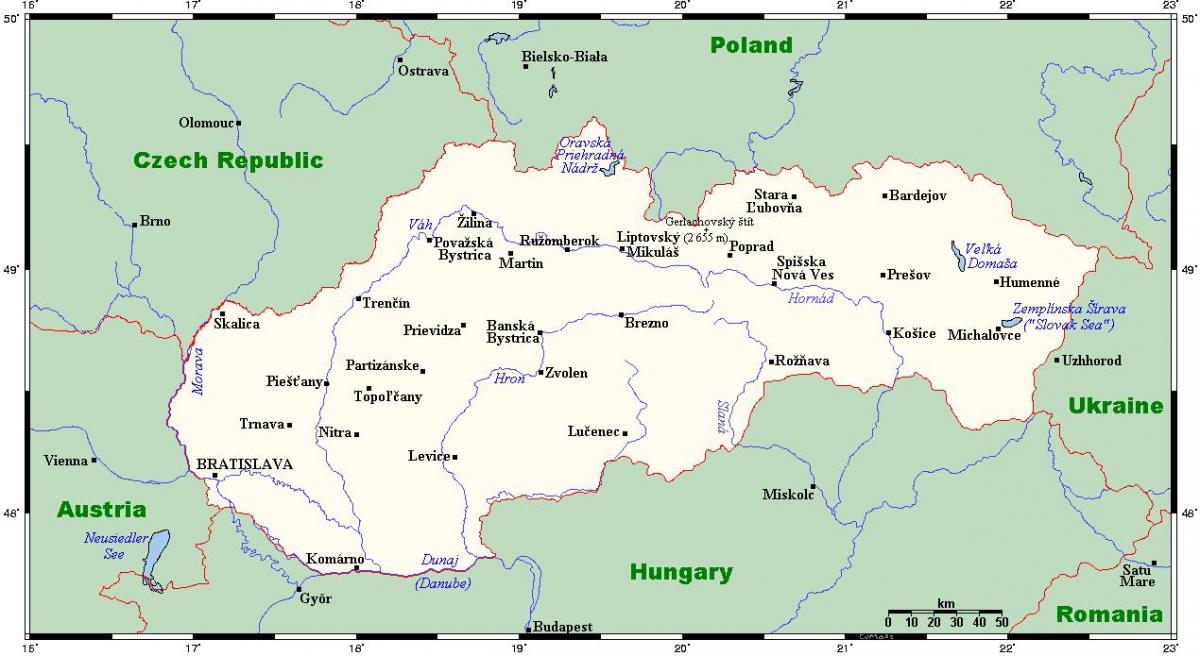 نقشه از اسلواکی با شهرستانها